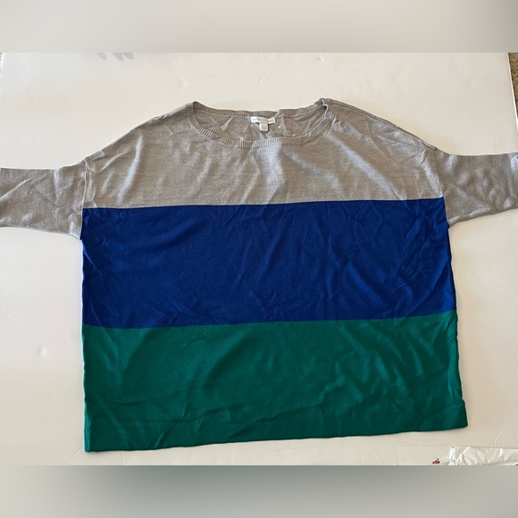 Blue and Grey Colorblock Short Sleeve Scoop Neck Knit Sweater - Picture 6 of 10